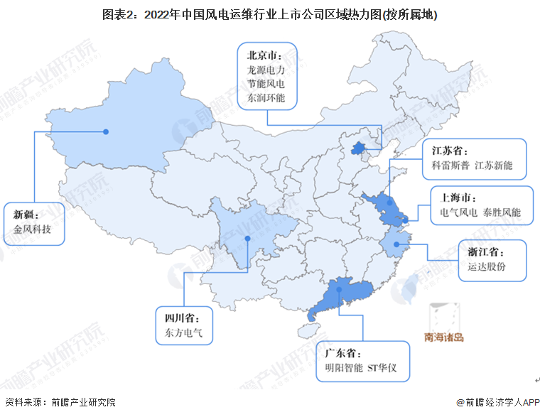图表22022年中国风电运维行业上市公司区域热力图(按所属地)