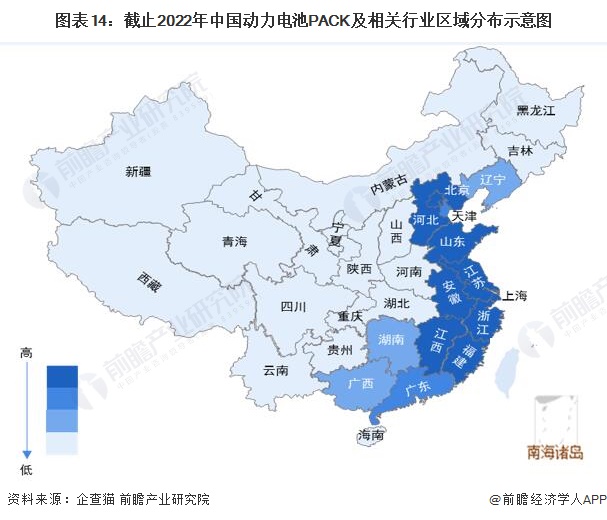 图表14：截止2022年中国动力电池PACK及相关行业区域分布示意图