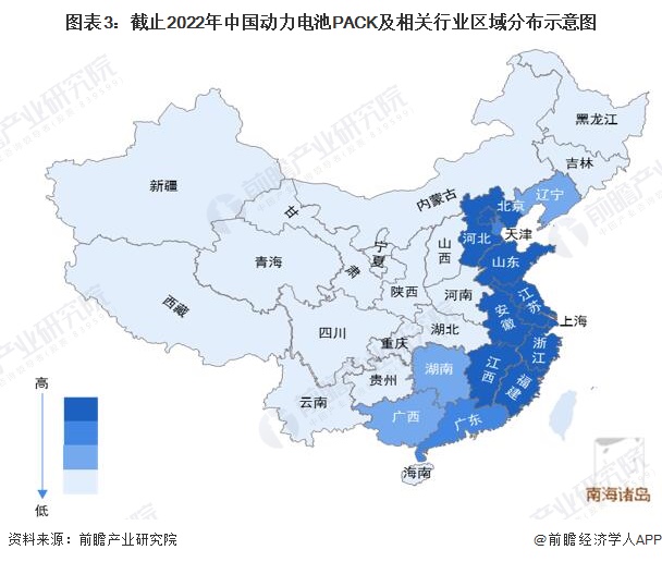 图表3：截止2022年中国动力电池PACK及相关行业区域分布示意图