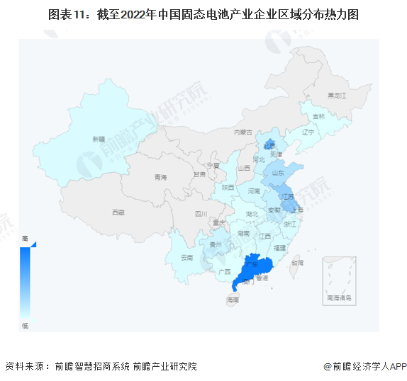 图表11：截至2022年中国固态电池产业企业区域分布热力图