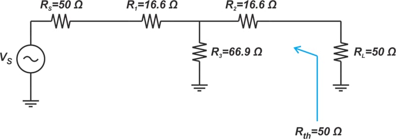 图中显示了 50 Ω 的衰减器以及输入和输出端接。